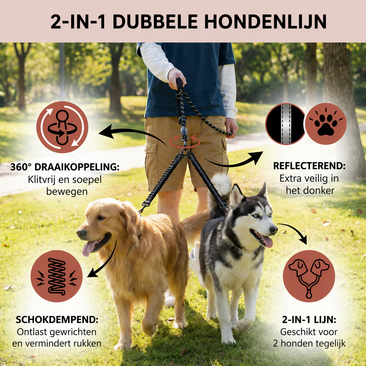 2-in-1 duo Hondenlijn met 360° draaikoppeling – Klitvrij en schok dempend.