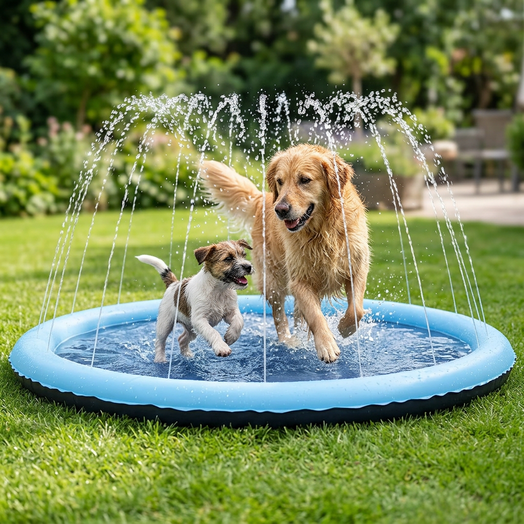 Grote en kleine hond spelen samen op de AquaPaws waterspeelmat