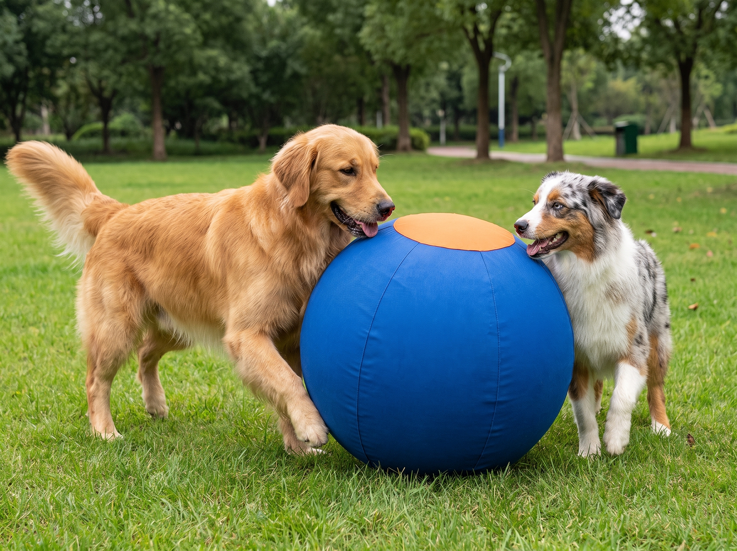 Twee honden spelen met de DriveBall XL blauw