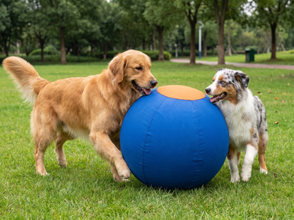 Twee honden spelen met de DriveBall XL blauw