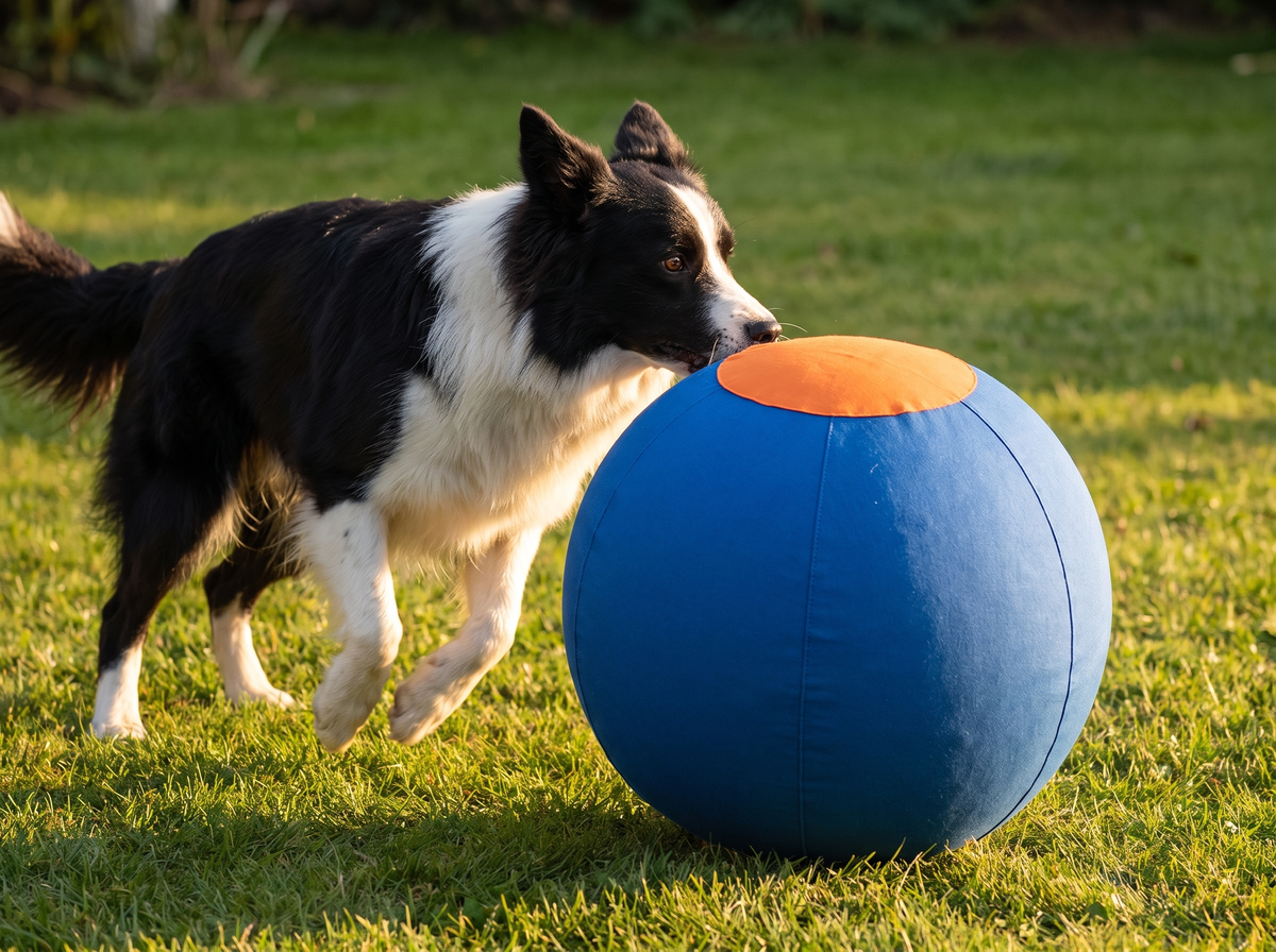 Border Collie duwt de DriveBall XL blauw