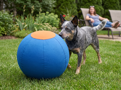 Blue Heeler duwt de DriveBall XL met de neus