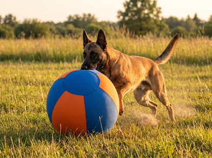 Mechelse herder drijft de DriveBall XL blauw-oranje