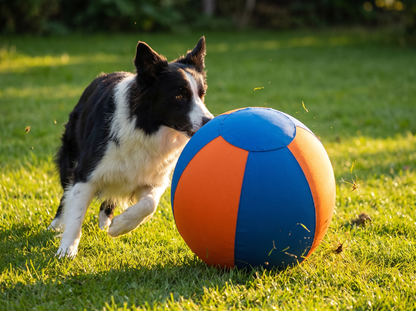 Border Collie duwt de DriveBall XL blauw-oranje