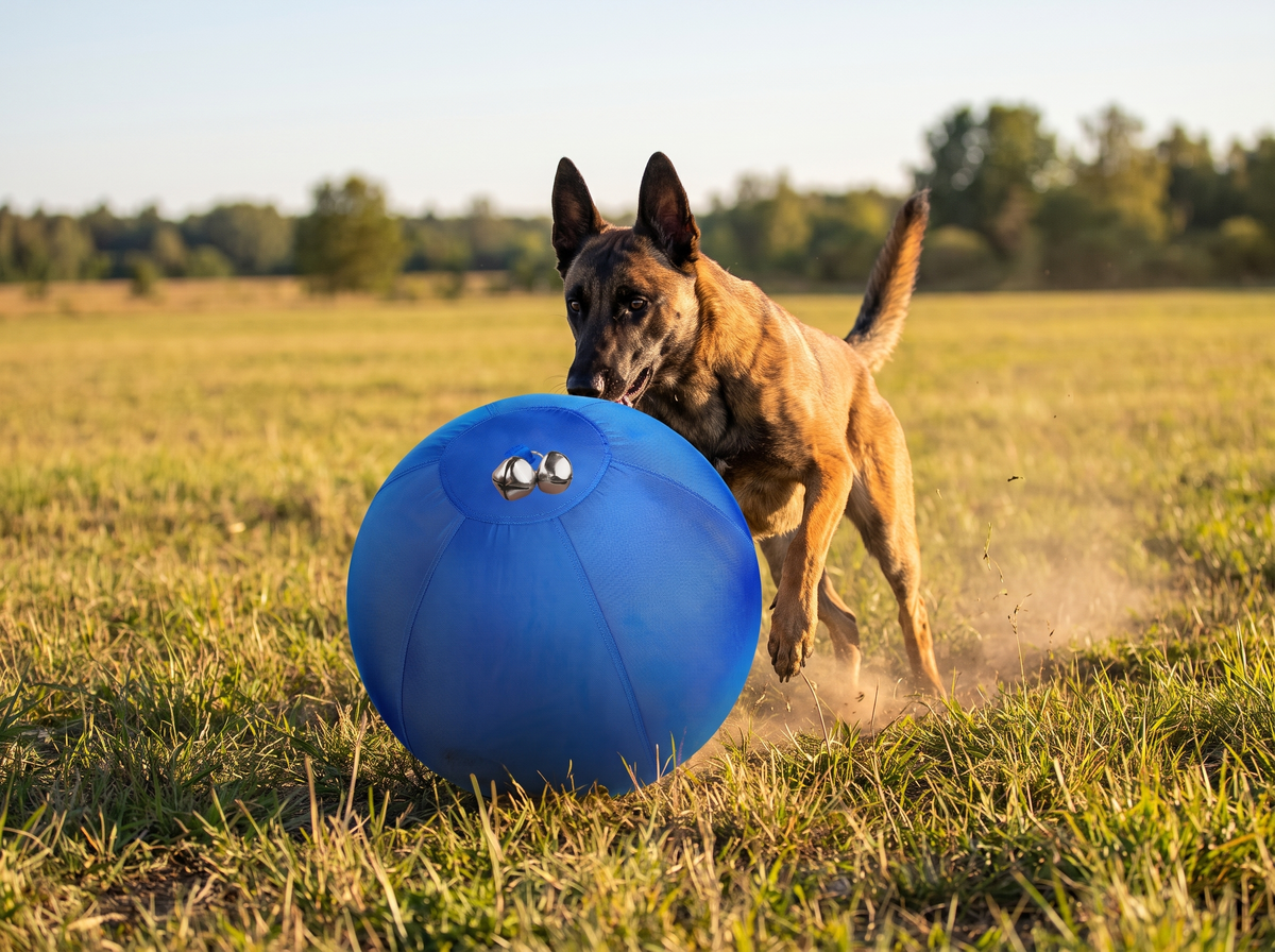 Mechelse herder drijft de DriveBall XL met belletje