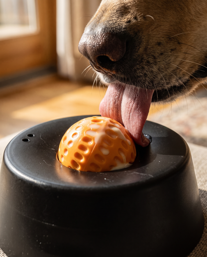 SlowLick actie close-up hond likt draaiende bal