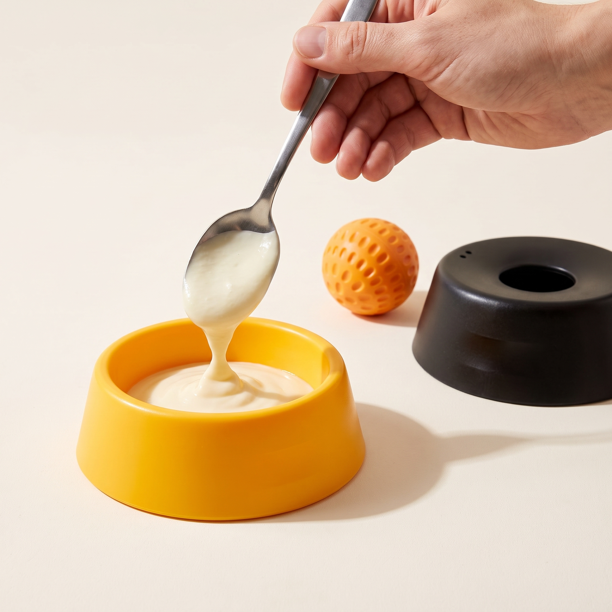 SlowLick gele bak wordt gevuld met yoghurt