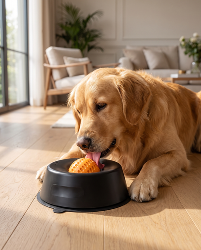 SlowLick zuignap in actie hond likt bak blijft staan