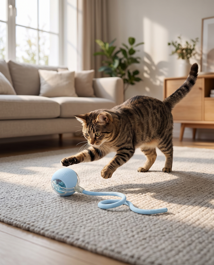 Kat speelt met PawChaser bal lichtblauw