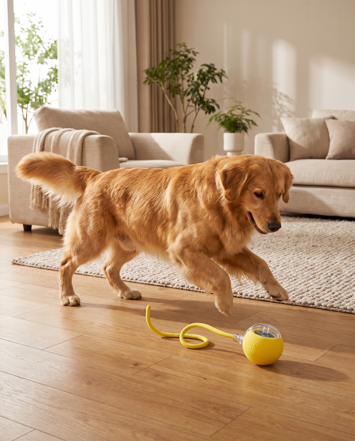 Golden retriever speelt met PawChaser bal