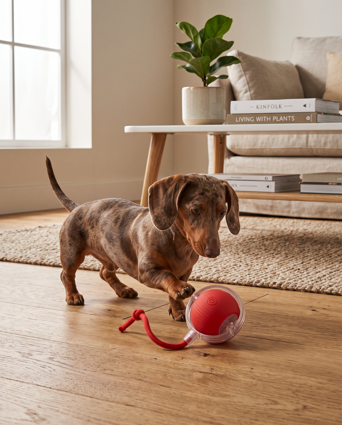 Teckel speelt met PawChaser bal rood