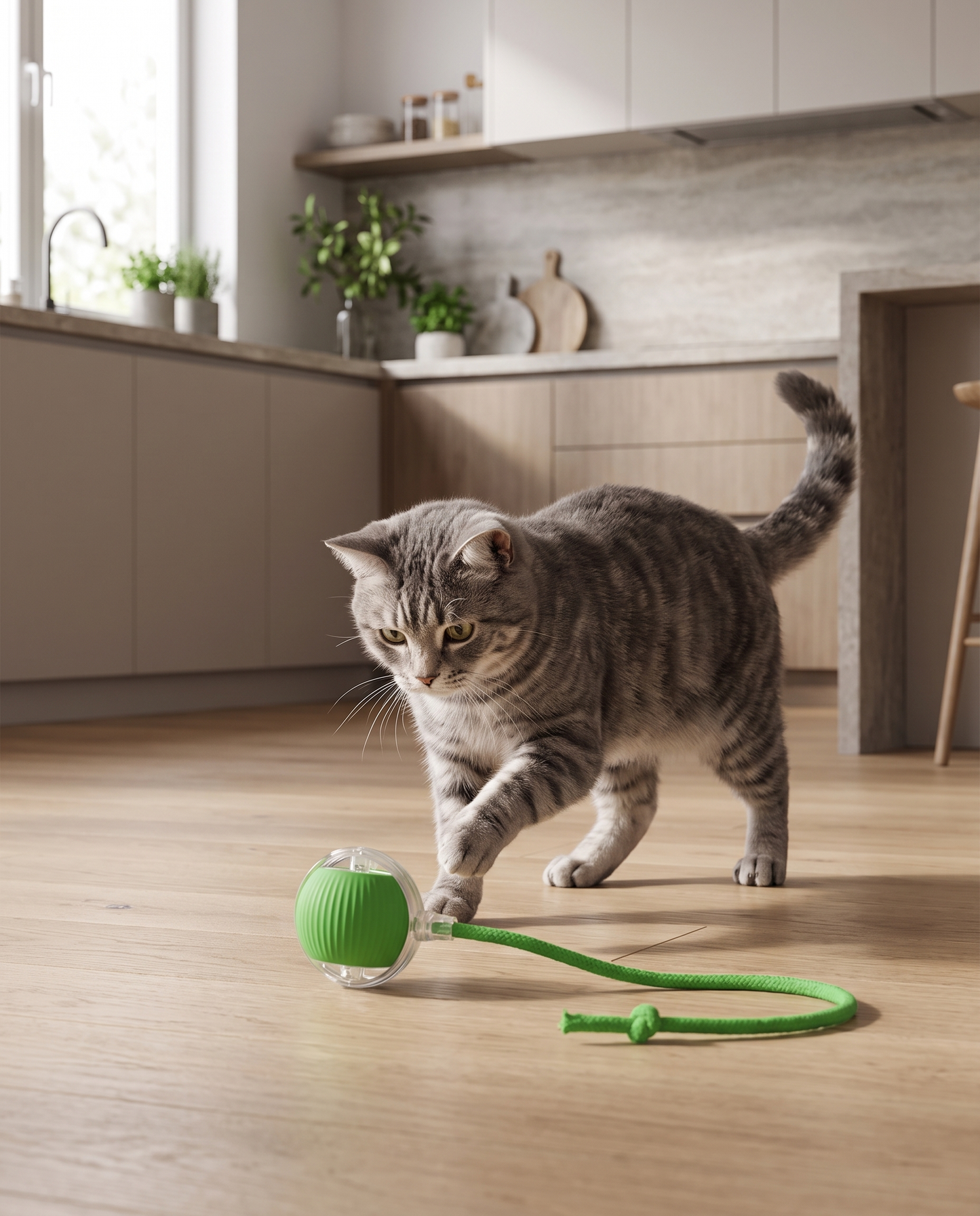 Kat speelt met PawChaser bal groen op keukenvloer