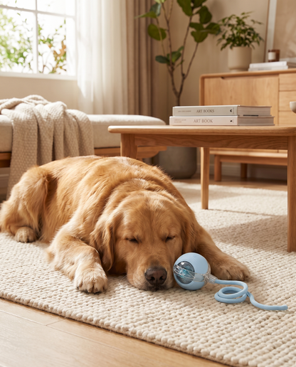 Rustige hond ligt naast PawChaser bal na het spelen